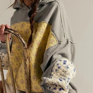Floral Patchwork Hoodie - Gray and Yellow